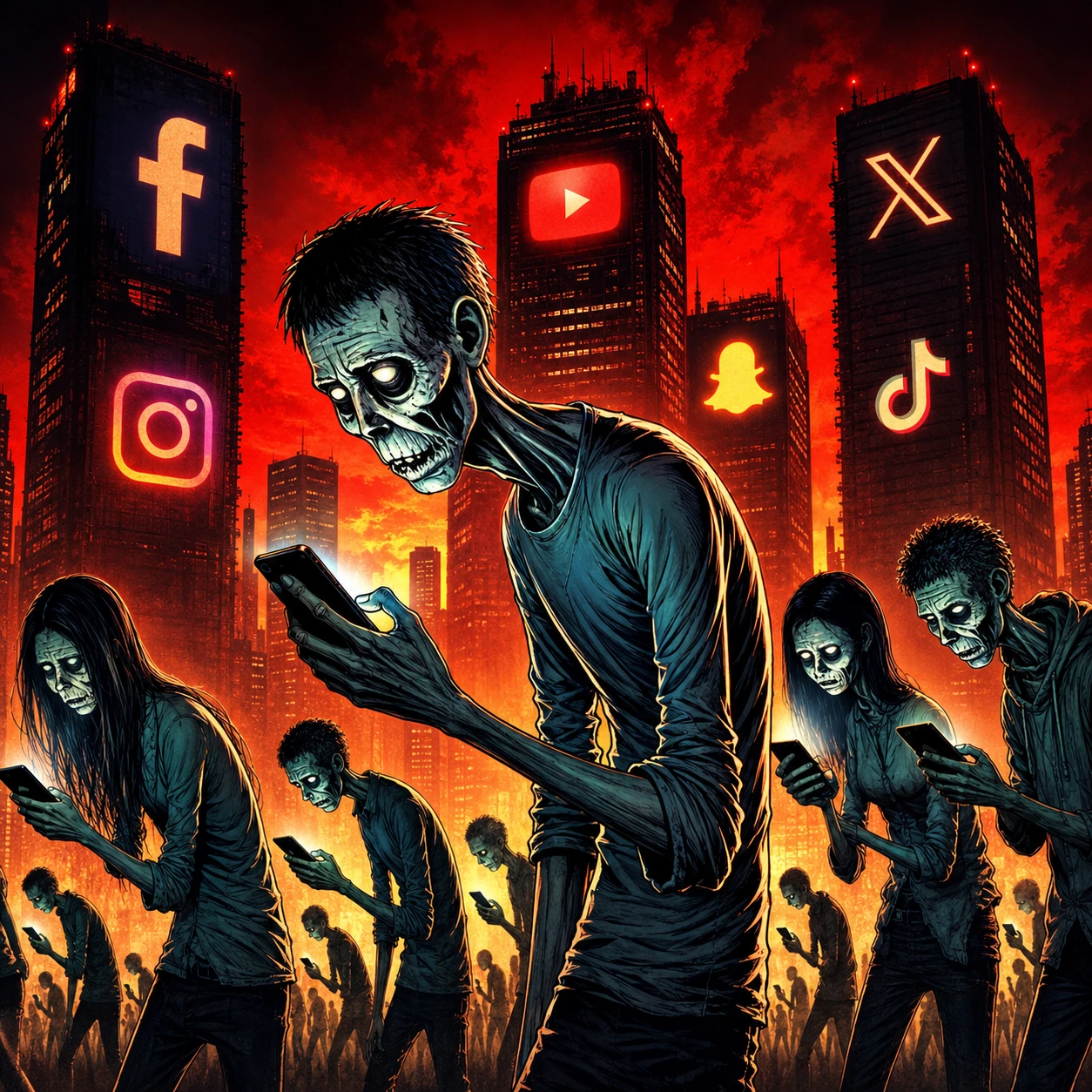 A hollow-eyed figure lit by phone light in a burning city, attention traded for dopamine