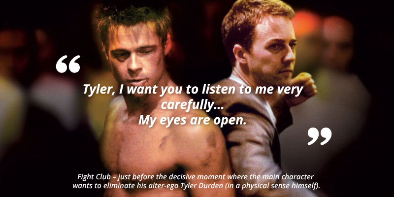 Quote card: 'Tyler, I want you to listen to me very carefully... My eyes are open.' — Fight Club, just before the decisive moment where the protagonist eliminates his alter-ego Tyler Durden.