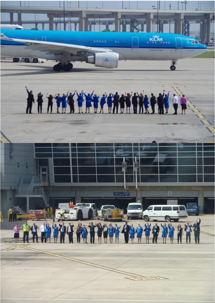 KLM ground crew sees off the last flight of the season