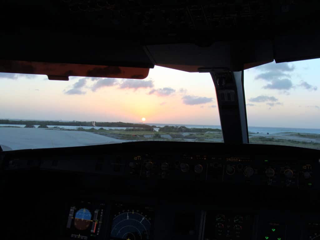Sunset over Aruba, seen from the flight deck before departure for Bonaire