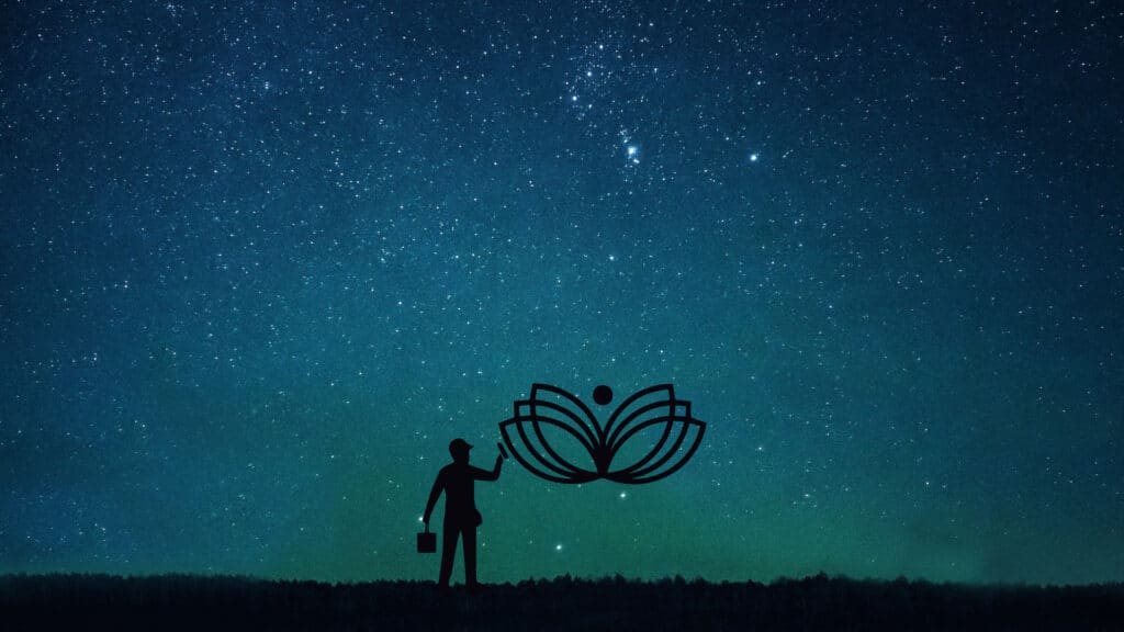 A silhouette reaching toward the Vita Florentis lotus, drawn in the stars