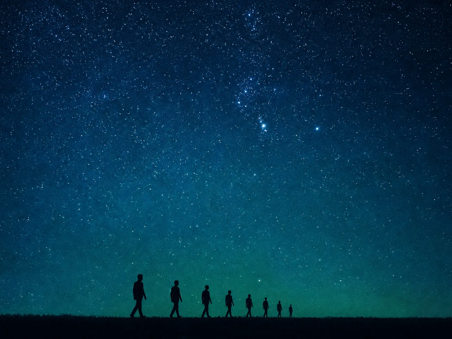 A row of walking silhouettes receding into the distance beneath a star-filled sky