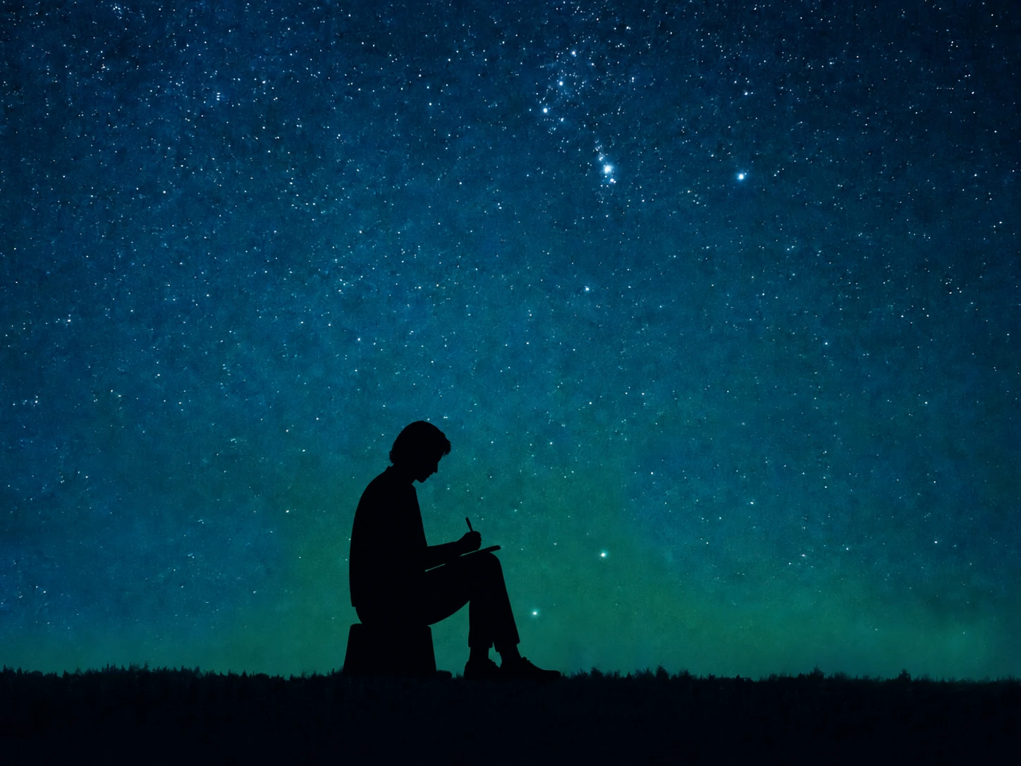 A black silhouette sitting on a stool and writing beneath a starry sky