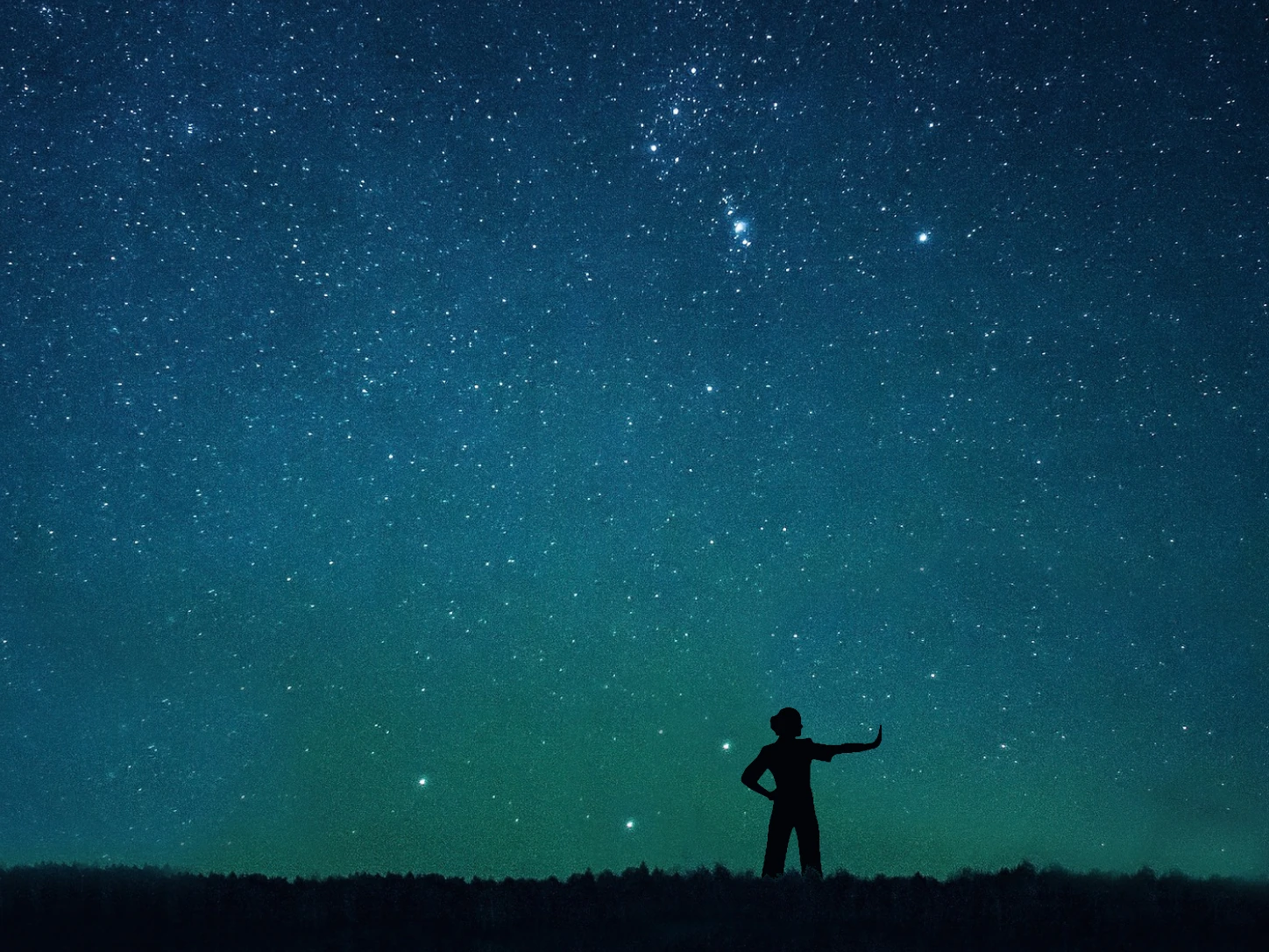 A black silhouette holding up an open palm in a clear stop gesture beneath a starry sky